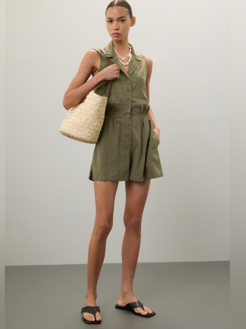 Onia Olive Green Sleeveless Button-Front Shorts Romper Small Utilitycore